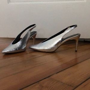 Silver, metallic sling back pumps